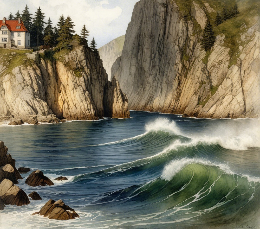 Coastal Scene with Cliffs, Waves, and House