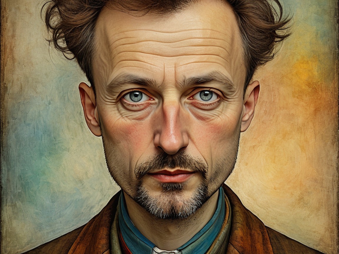 Portrait of a man with curly hair and contemplative expression