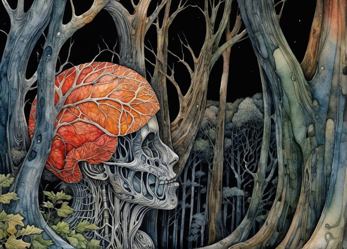 Surreal Forest Scene with Skeletal Figure and Brain