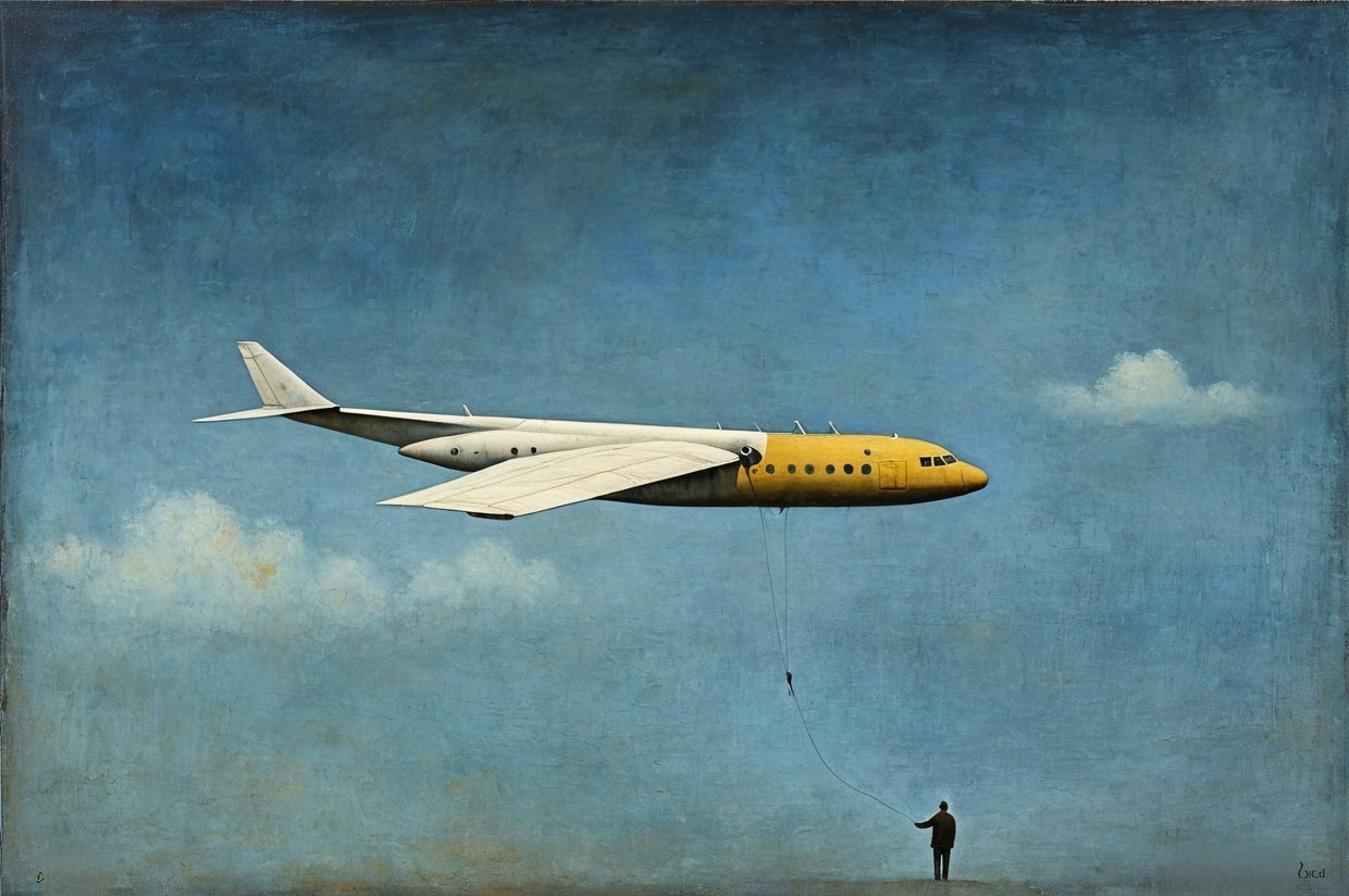 Surreal Airplane Hovering in Blue Sky with Figure