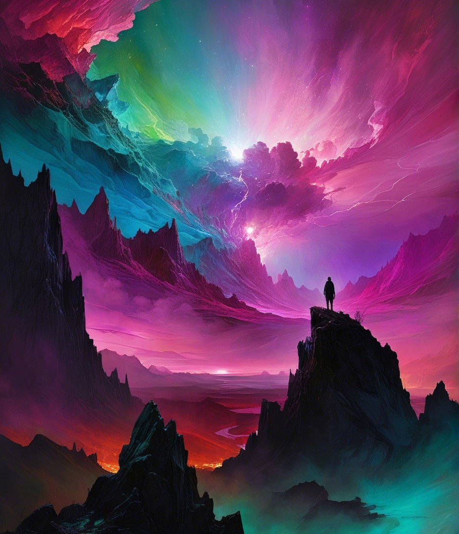 Solitary Figure on Mountain Peak Under Vibrant Sky
