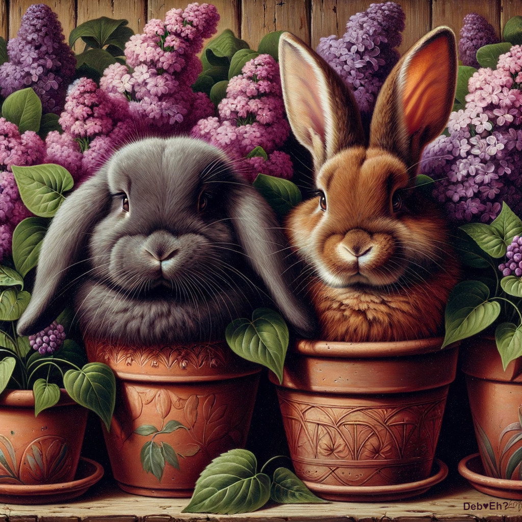 Rabbits in Terracotta Pots with Blooming Lilacs