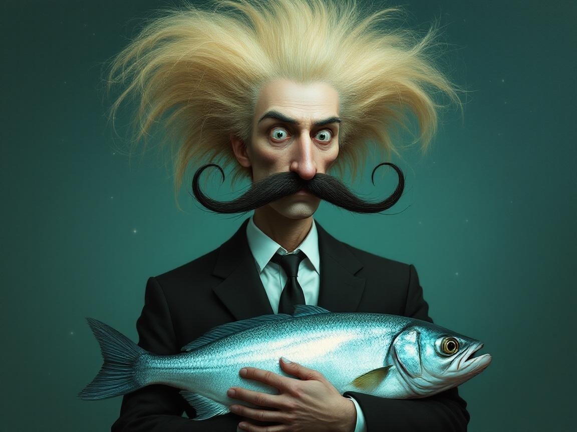 Quirky Character in Formal Suit with Large Fish