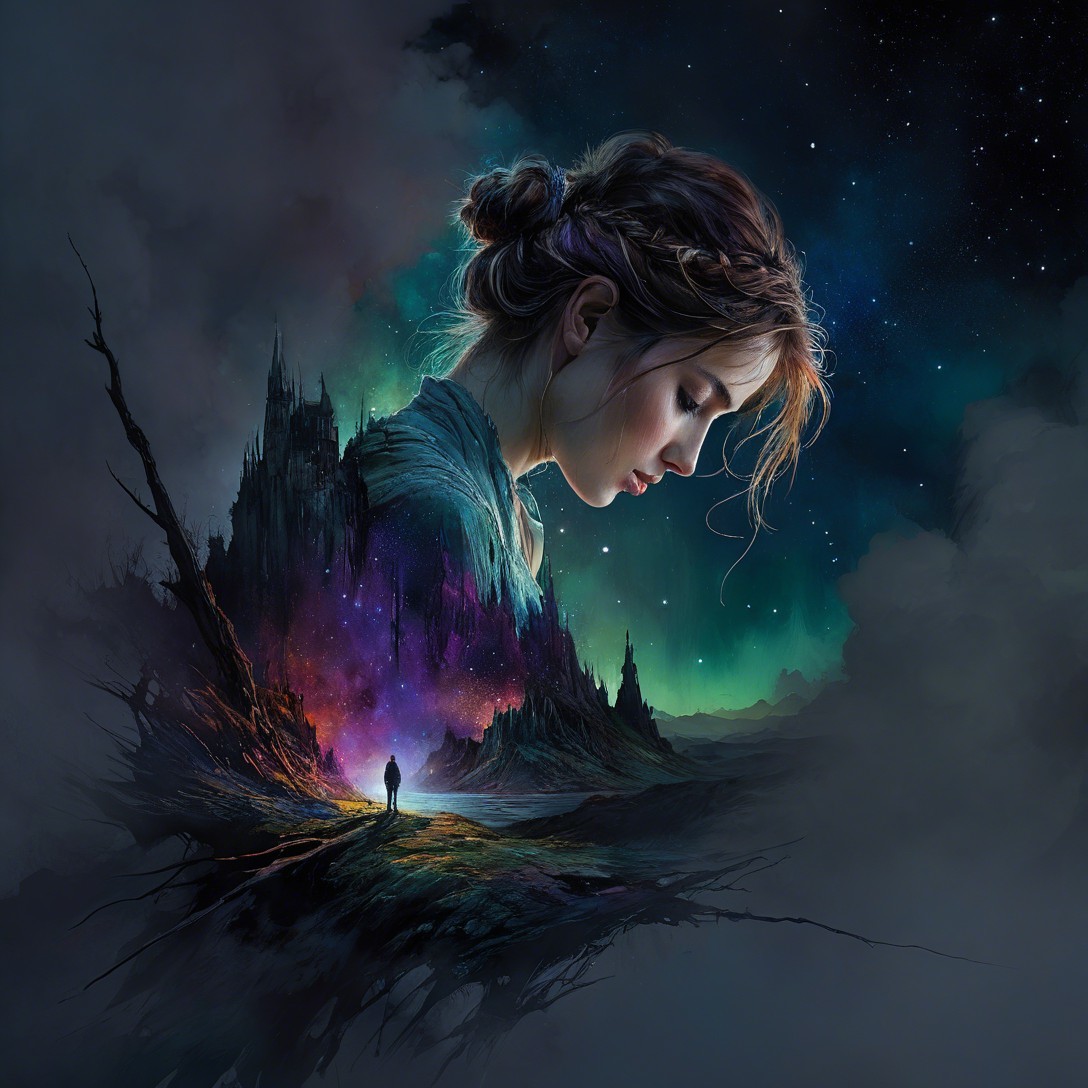 Digital painting of a woman in a surreal landscape