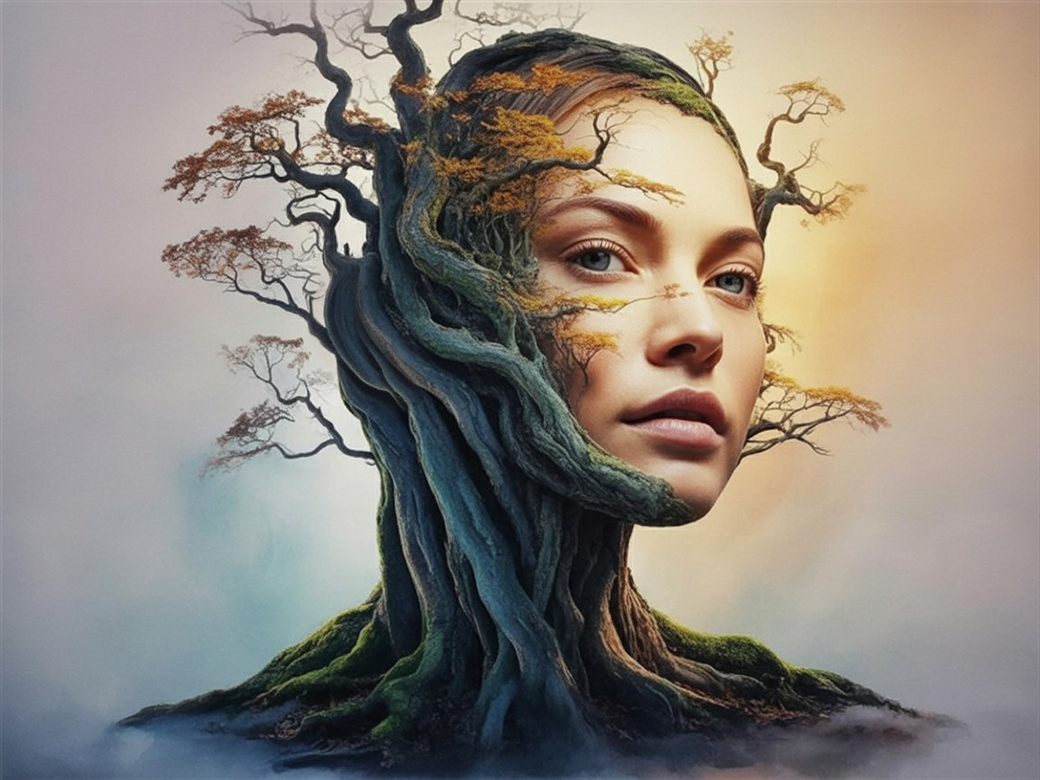 Surreal Fusion of Woman's Face and Tree Elements