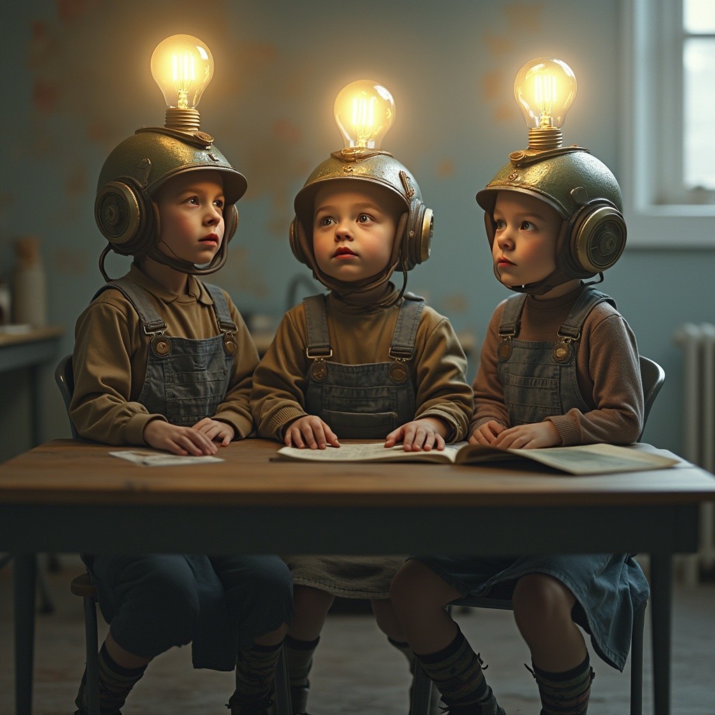 Children in Vintage Helmets Reading in Cozy Room