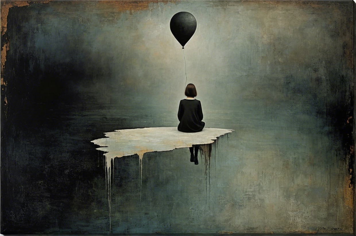 Solitary Figure on Ice Platform with Black Balloon