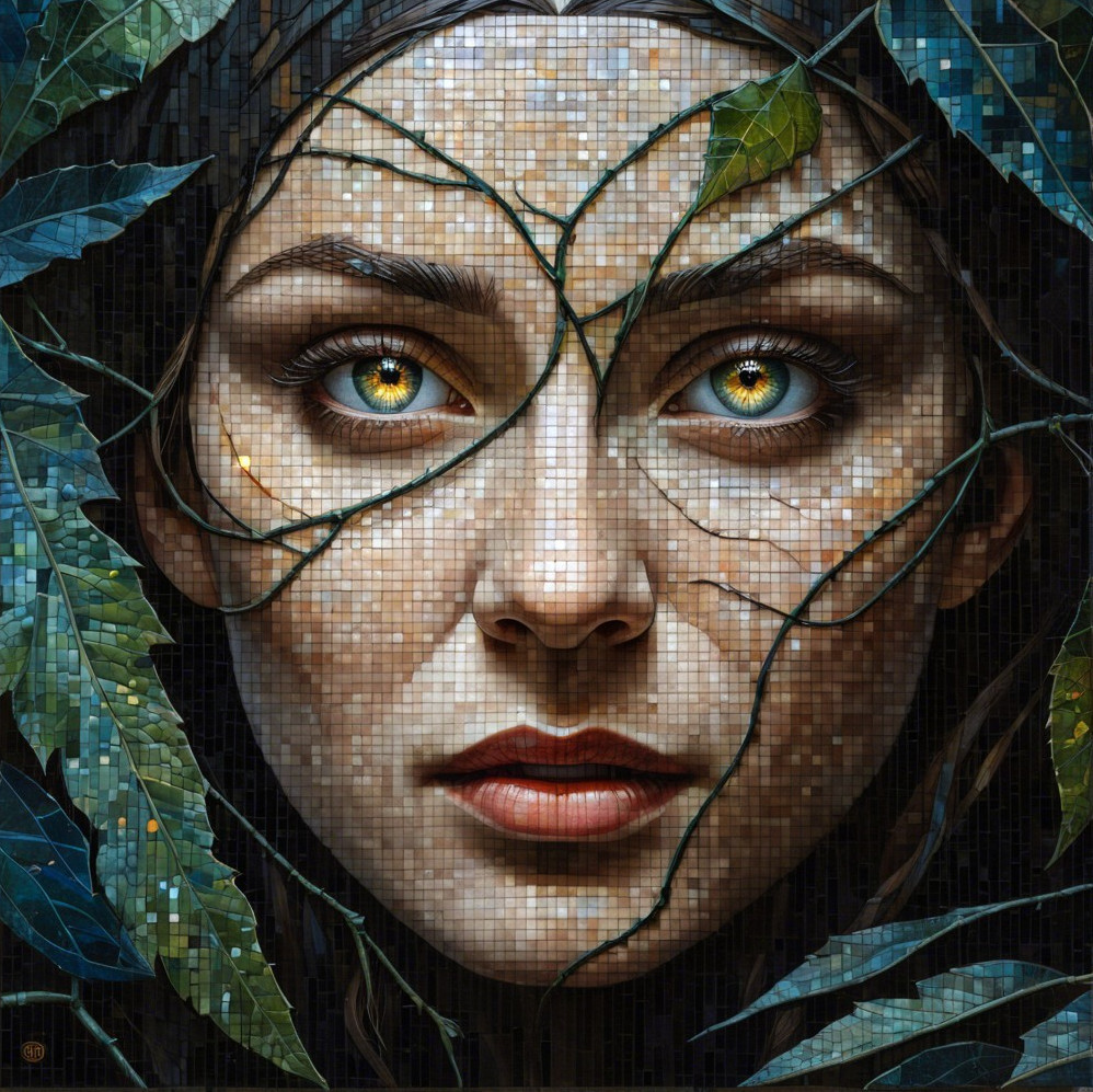 Portrait of a Woman Surrounded by Greenery and Texture