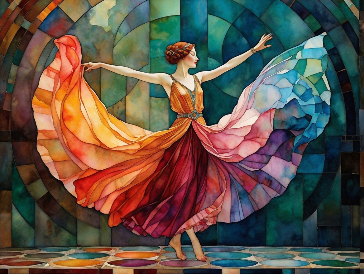 Dancer in Flowing Gown Amidst Stained Glass Patterns