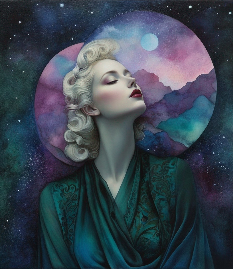 Serene Woman in Green Robe Against Dreamlike Landscape