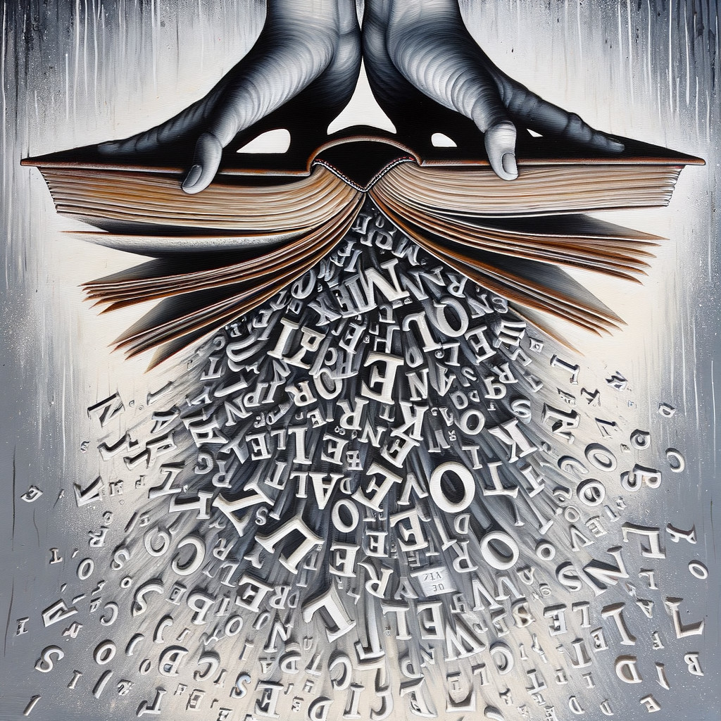 Open Book with Letters Flowing onto Reflective Surface