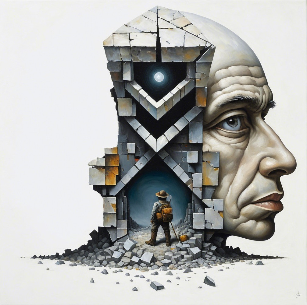 Large expressive face in fragmented stone artwork