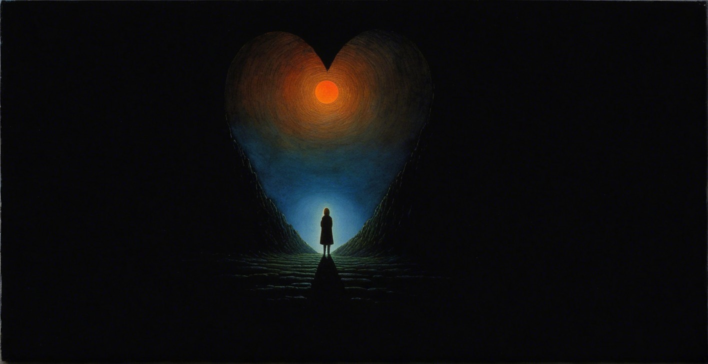 Solitary Figure in Heart-Shaped Opening at Sunset