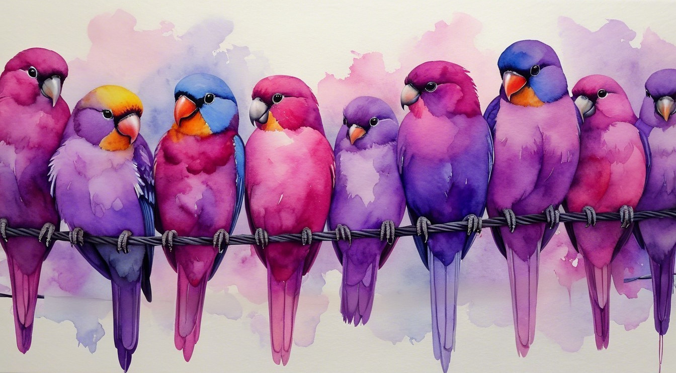 Colorful Birds on a Wire with Watercolor Textures