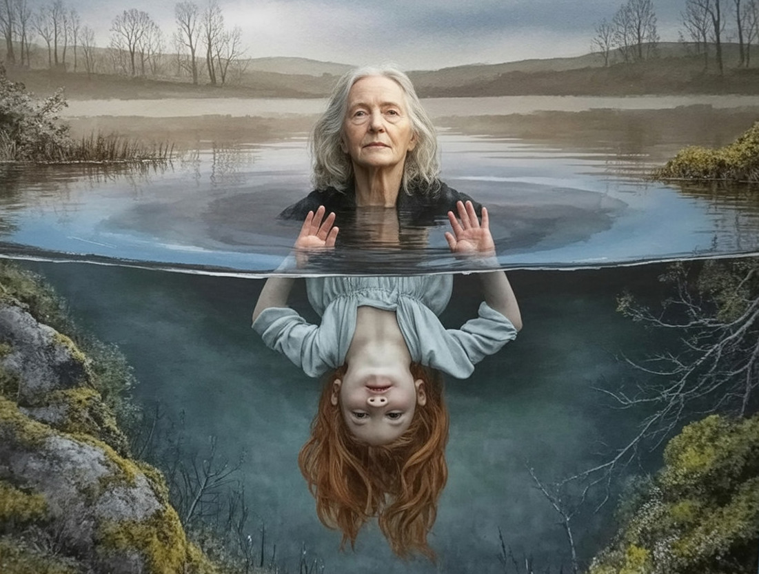 Elderly Woman and Young Girl in Ethereal Water Scene