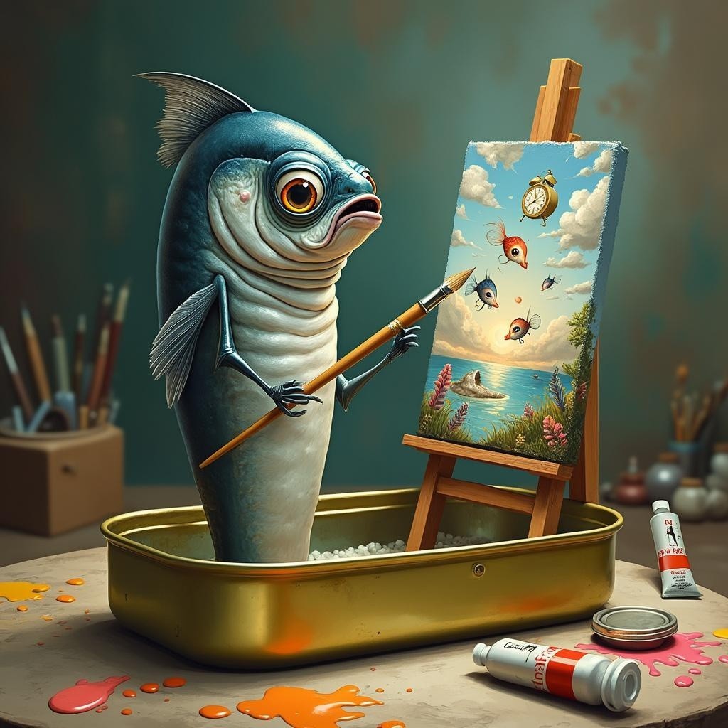 Whimsical Fish Painting in a Tin Can Scene