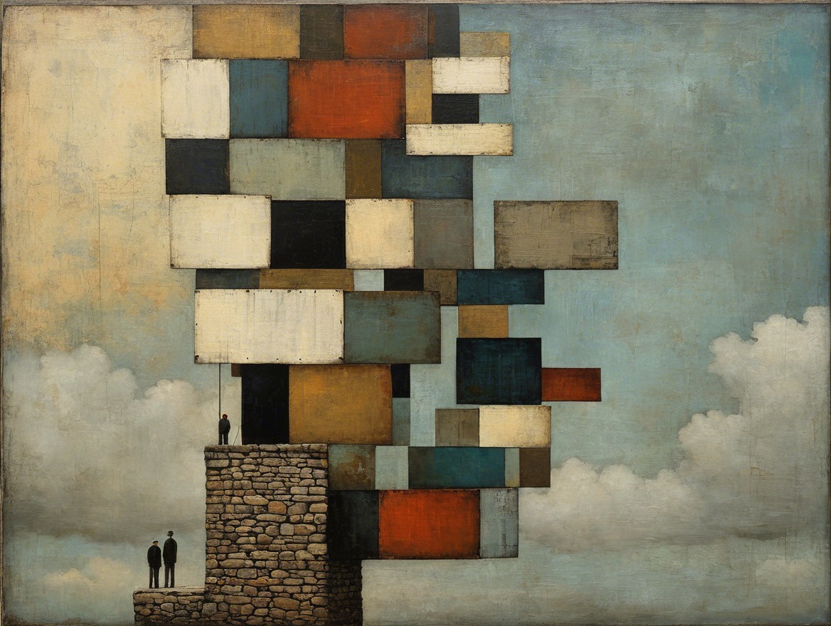 Surrealist Painting of Wooden Blocks on Stone Structure