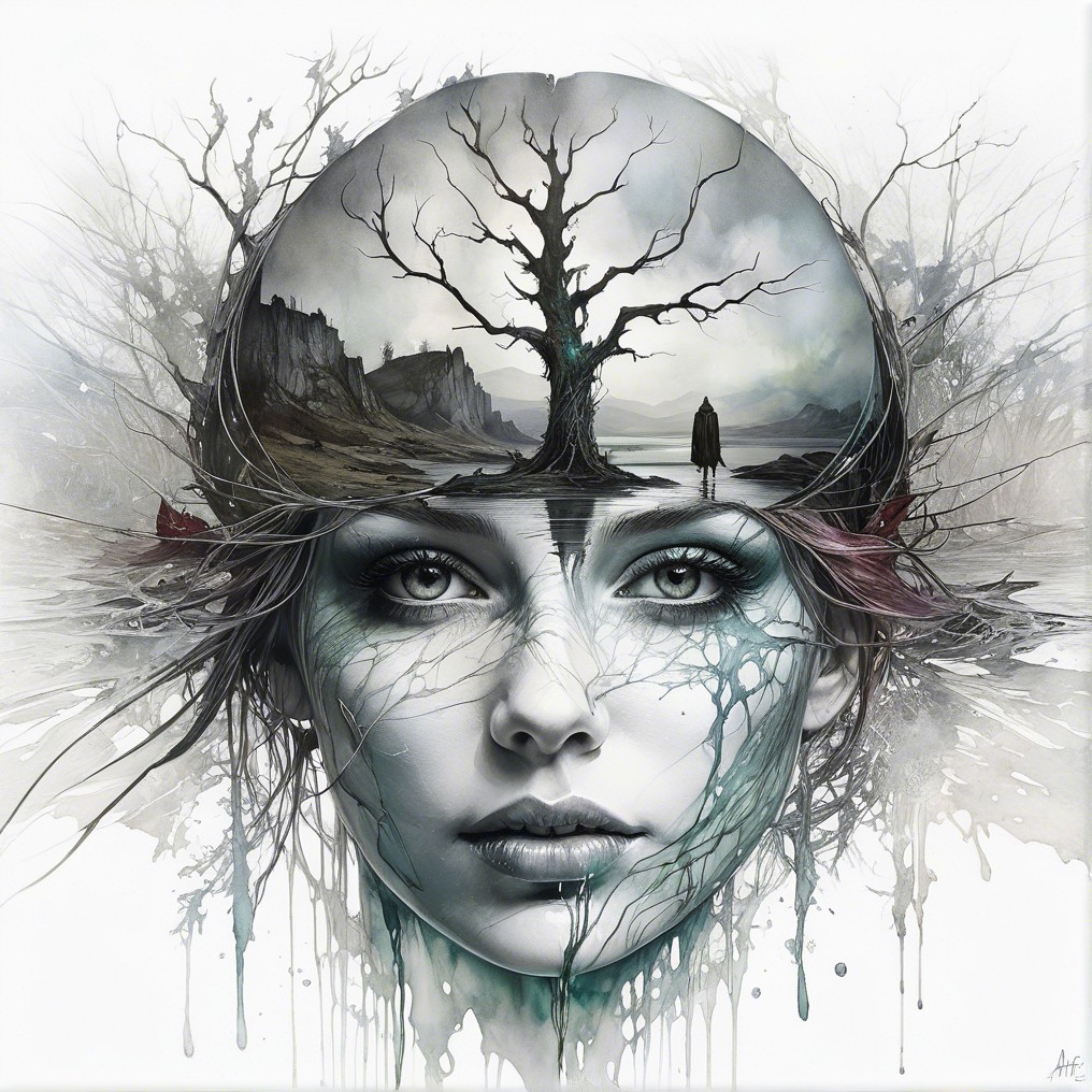 Surreal Female Portrait with Dreamlike Landscape Elements