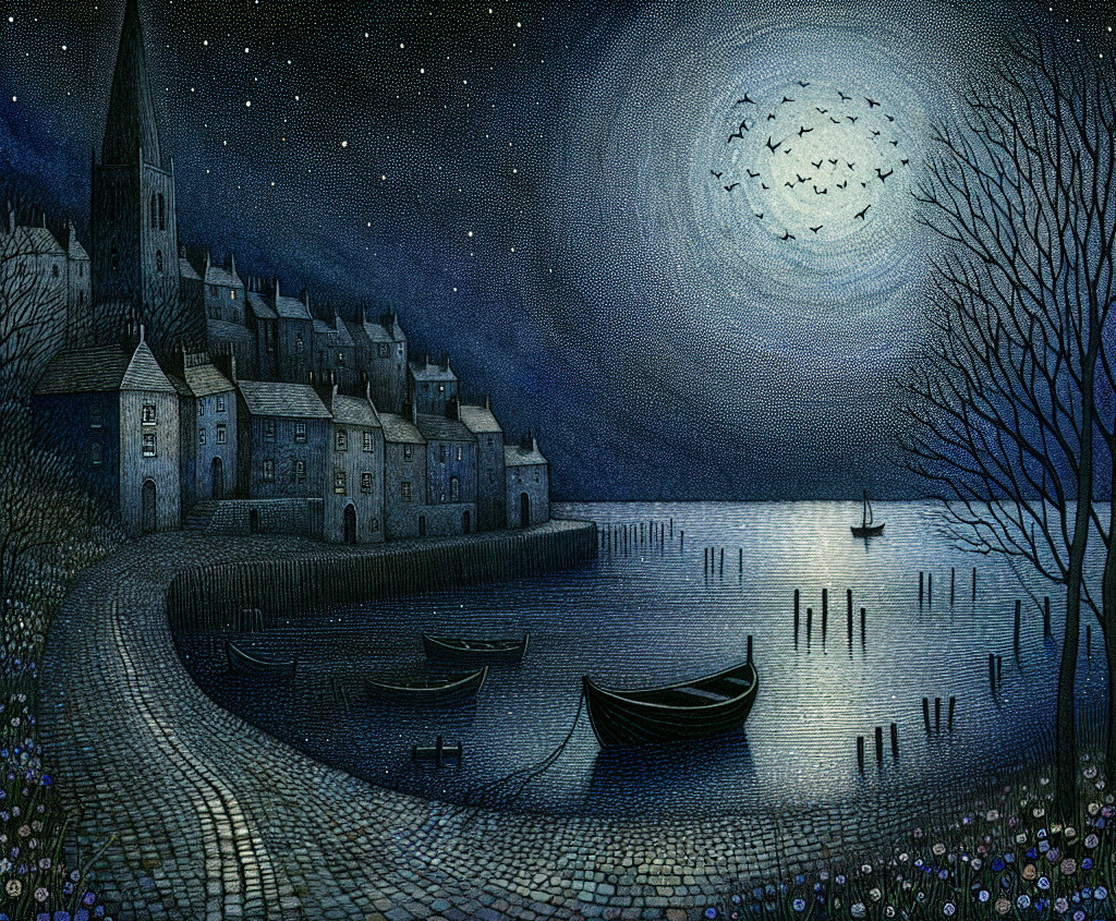 Tranquil Waterfront Village Under Moonlight