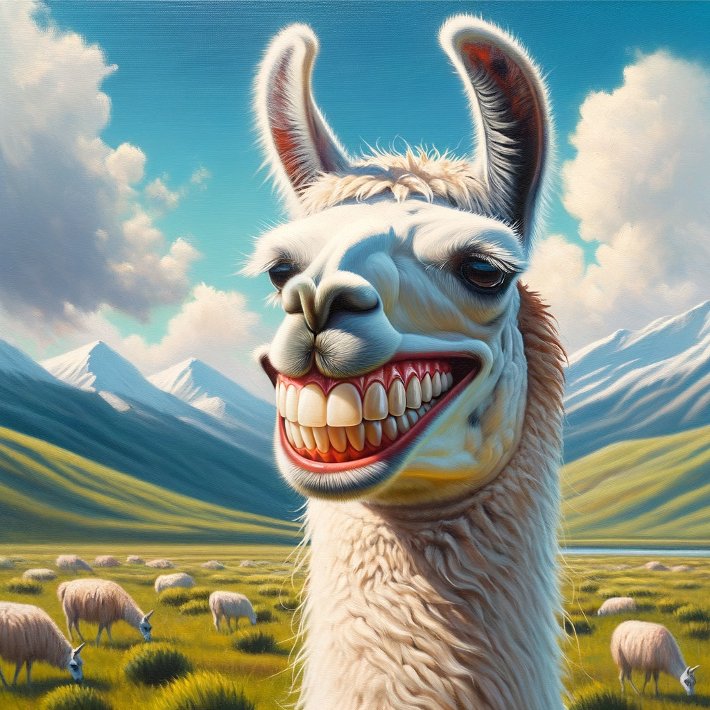 Whimsical Llama in a Vibrant Rural Landscape