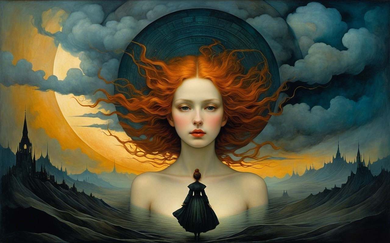 Young woman with red hair in a mystical landscape