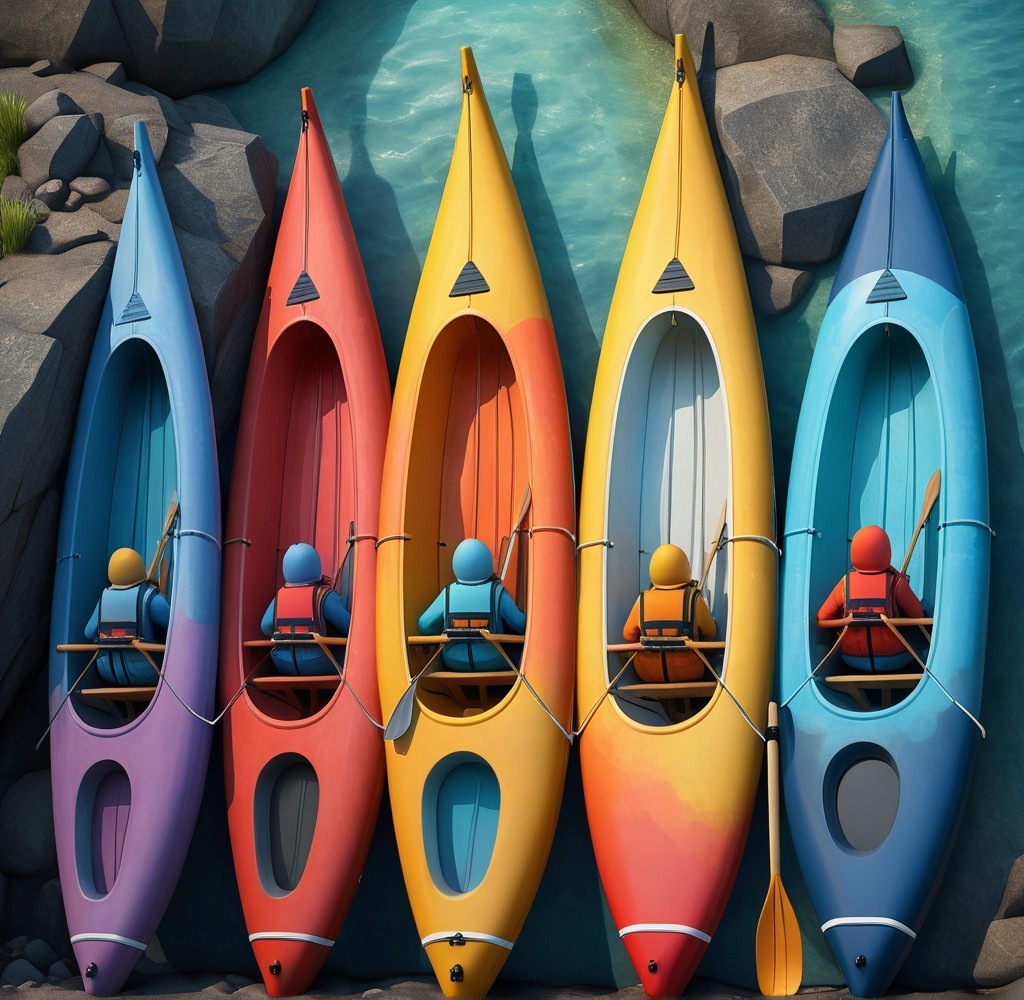 Colorful Kayaks on Rocky Shore in Calm Blue Waters