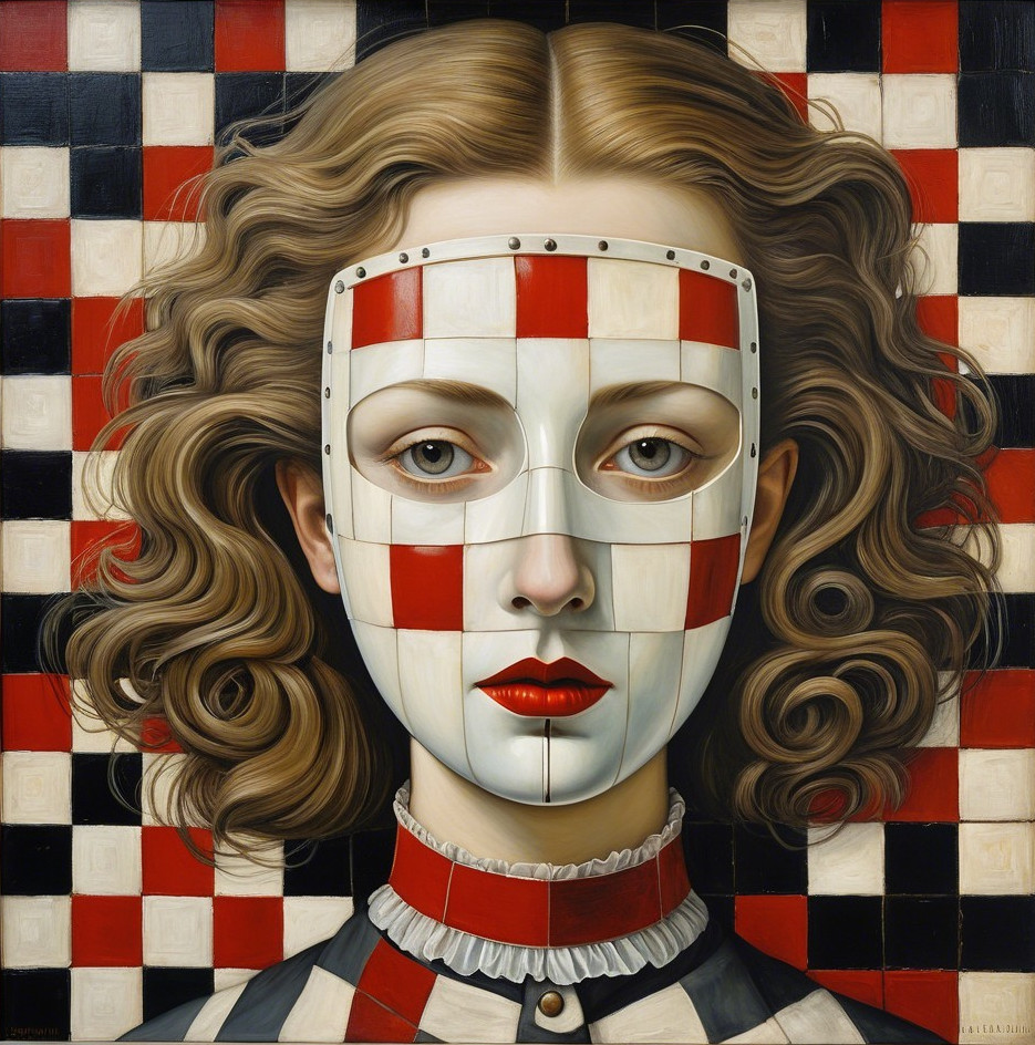 Young Woman with Checkered Mask and Red Lips