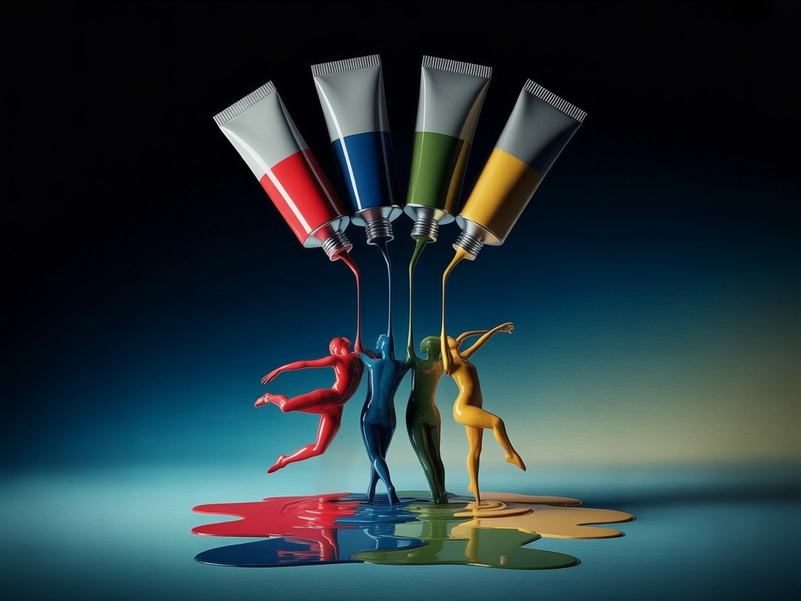 Vibrant Dancing Figures Pouring Paint in Colorful Scene