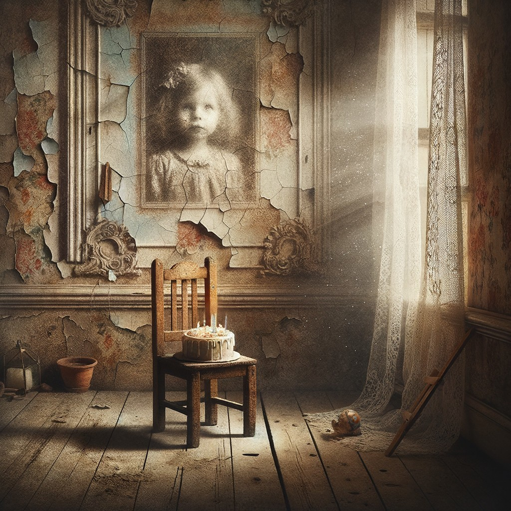 Decaying Room with Wooden Chair and Cake on Table