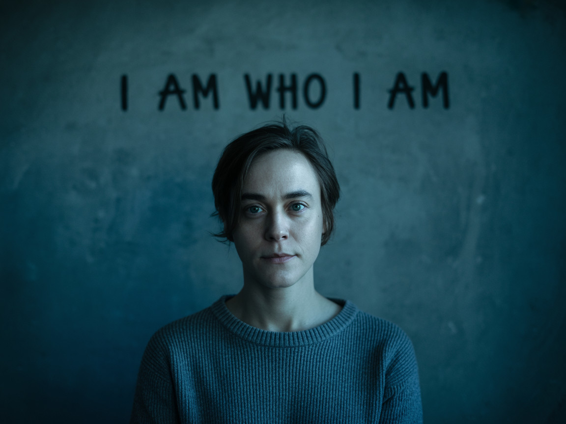 Woman in Sweater Against Textured Wall with Phrase