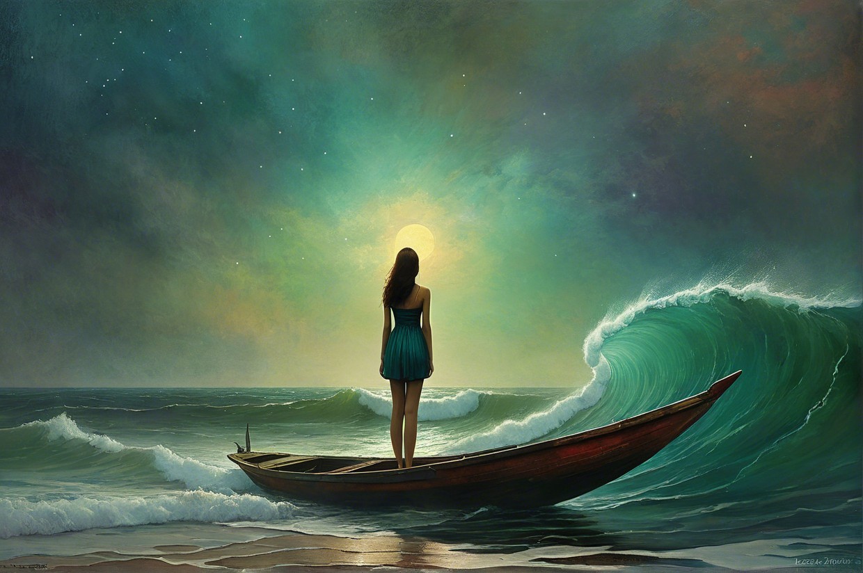 Young Woman on Boat in Vibrant Ocean Scene