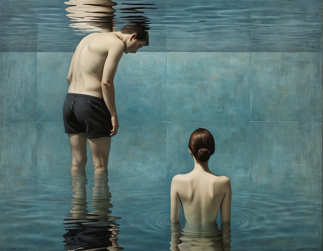 Serene Scene of Two Figures in a Tranquil Pool