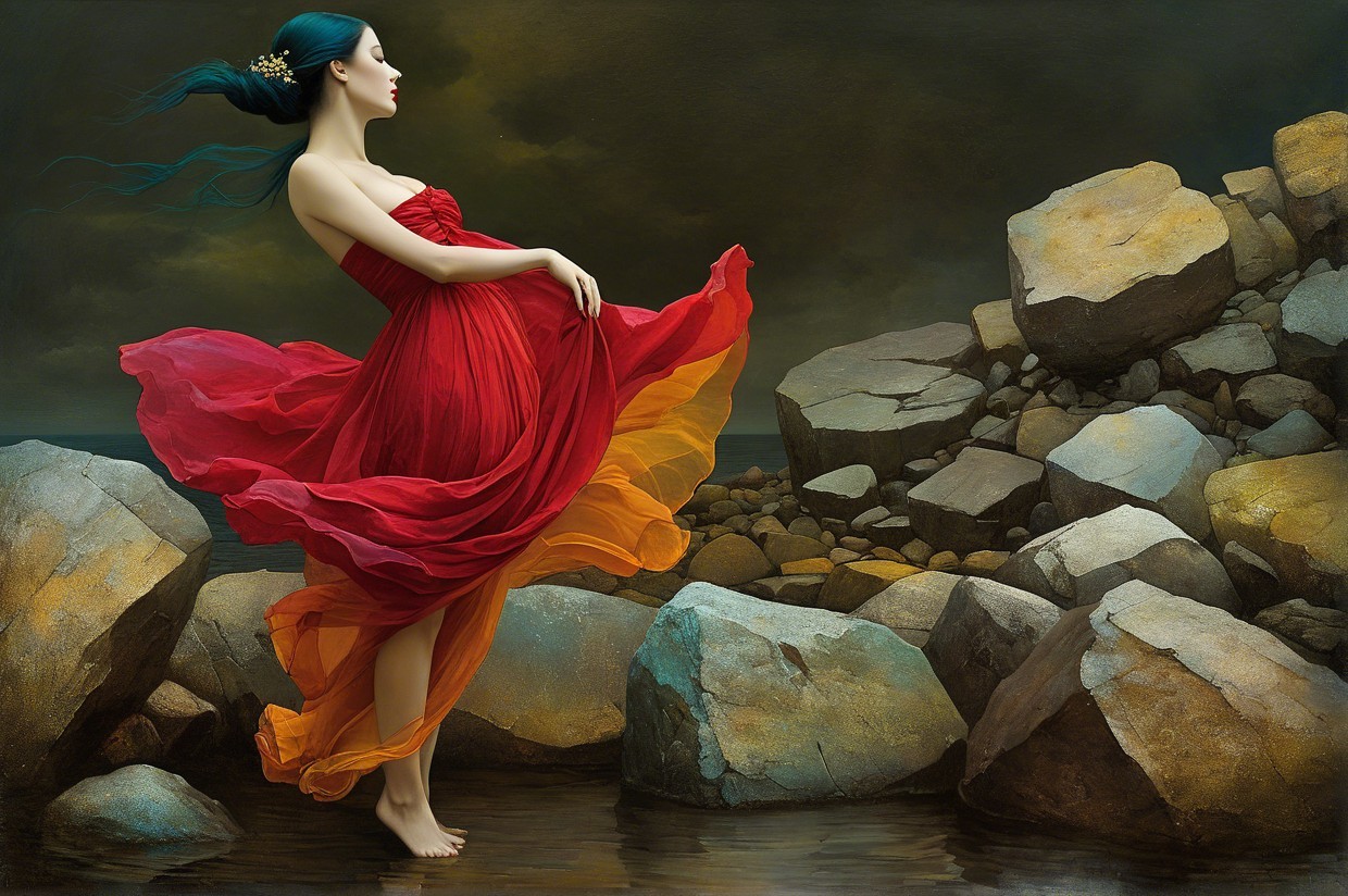 Woman in Red and Orange Gown on Rocky Terrain
