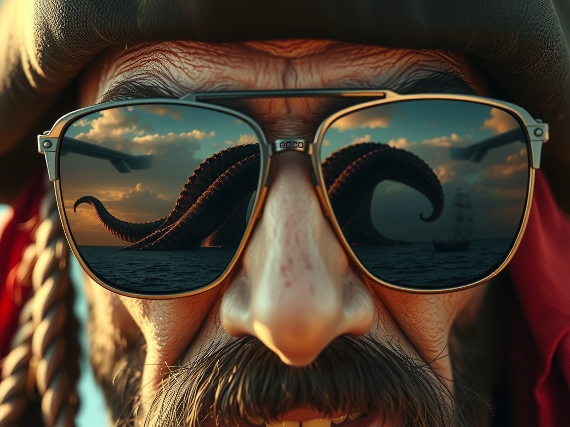 Close-up of a rugged pirate with sunglasses and octopus