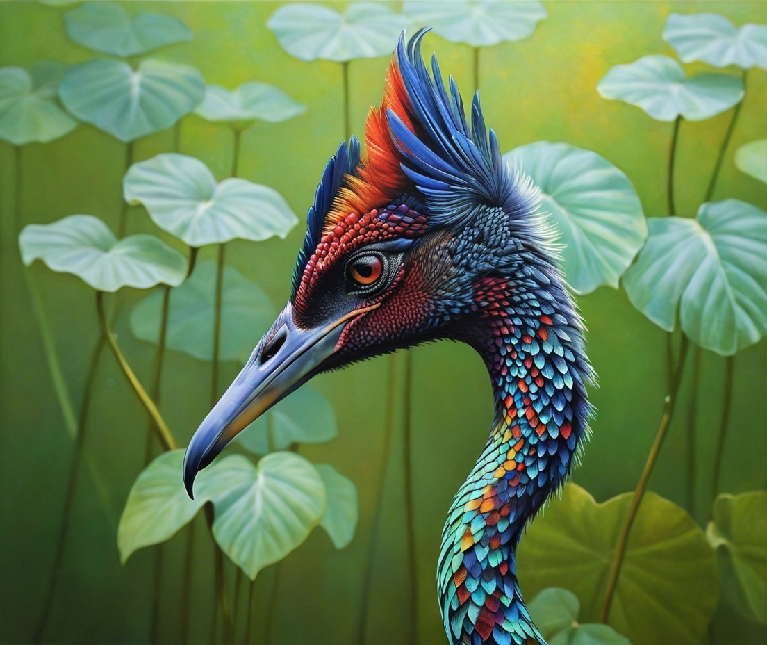 Vividly Colored Bird with Intricate Plumage and Foliage