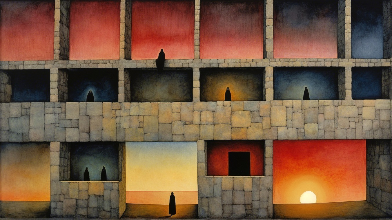 Stone Structures Under Sunset with Silhouetted Figures
