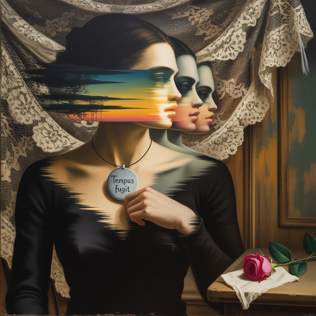 Woman in Black Dress Surrounded by Mirrored Images