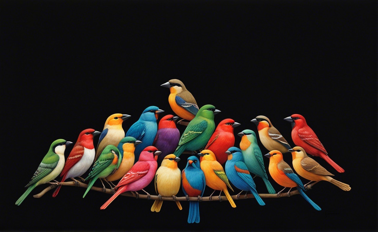 Multicolored Birds Perched on Branch Against Black Background