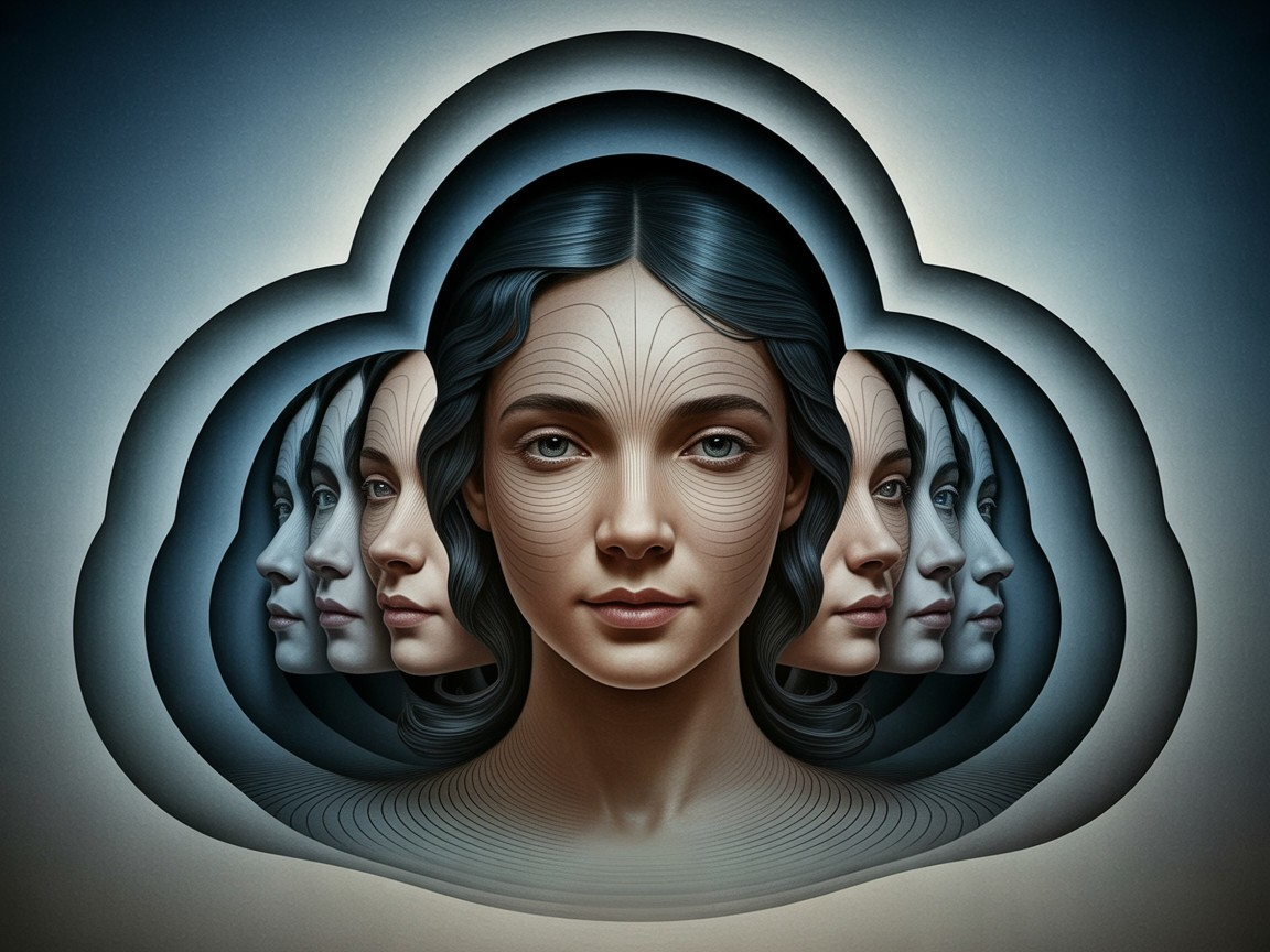 Woman Surrounded by Mirrored Faces in Ethereal Design