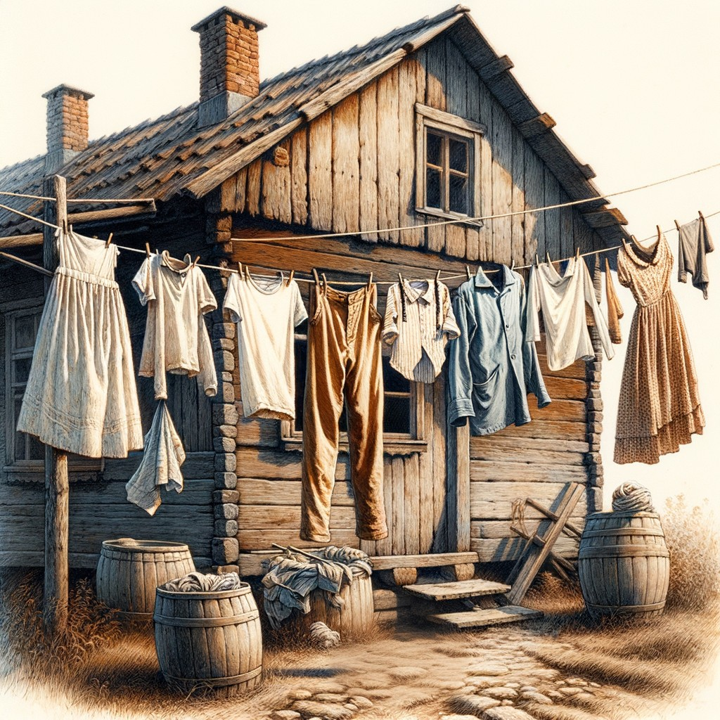 Rustic Wooden House with Clotheslines and Barrels