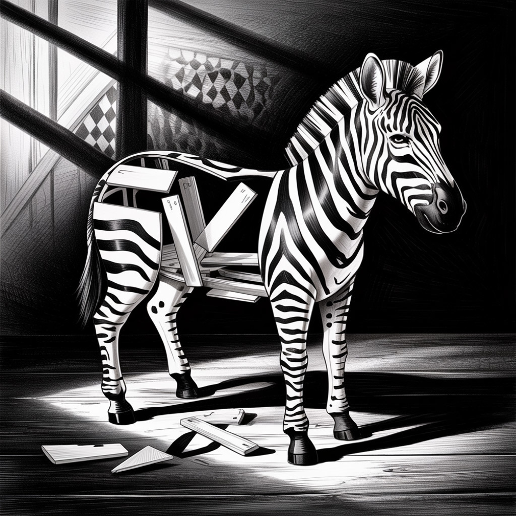 Monochromatic Zebra Illustration in Dim Barn Setting