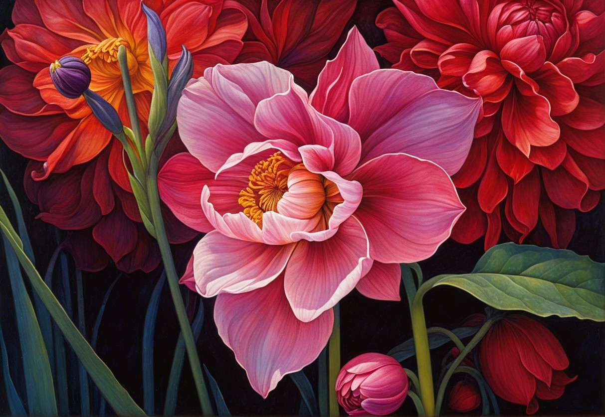 Close-Up of Vibrant Flowers with Pink and Red Blooms