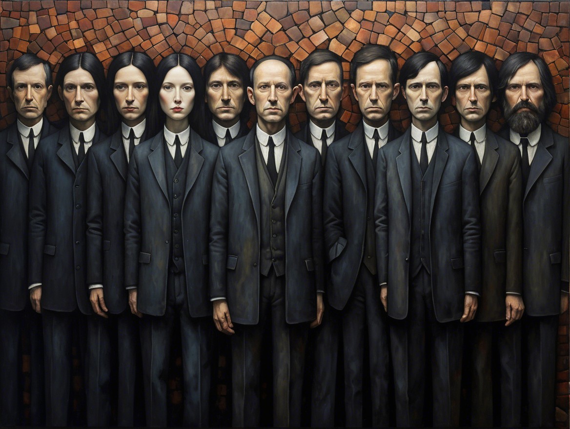 Group of Eleven in Dark Suits Against Mosaic Background