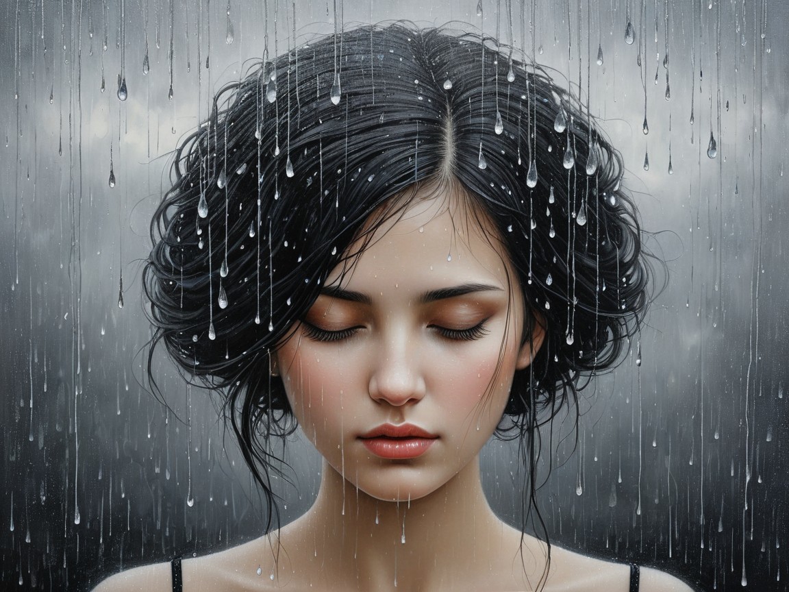 Close-Up of Serene Young Woman in Rainy Atmosphere