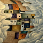 Surrealist Painting of Wooden Blocks on Stone Structure