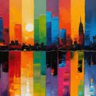 Watercolor Skyline of City at Sunset with Reflections