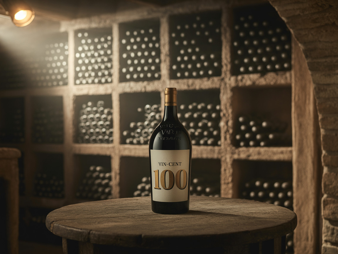 Vin-Cent 100 Bottle on Rustic Table in Stone Cellar