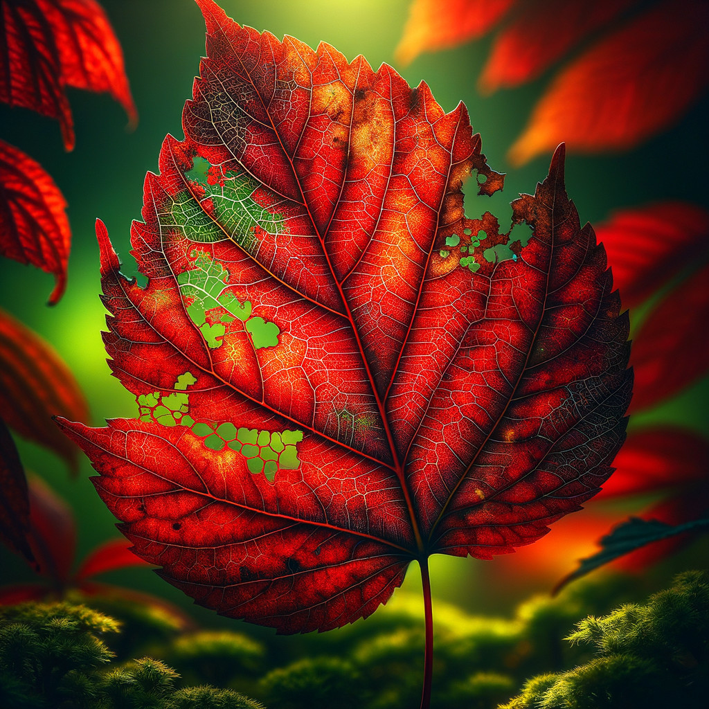 Vibrant Red Leaf with Green Background and Foliage