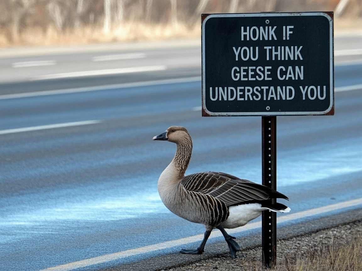 Goose Walks by Humorous Sign on Quiet Roadway