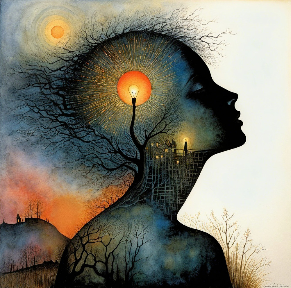 Silhouette of Woman with Tree and Vibrant Suns